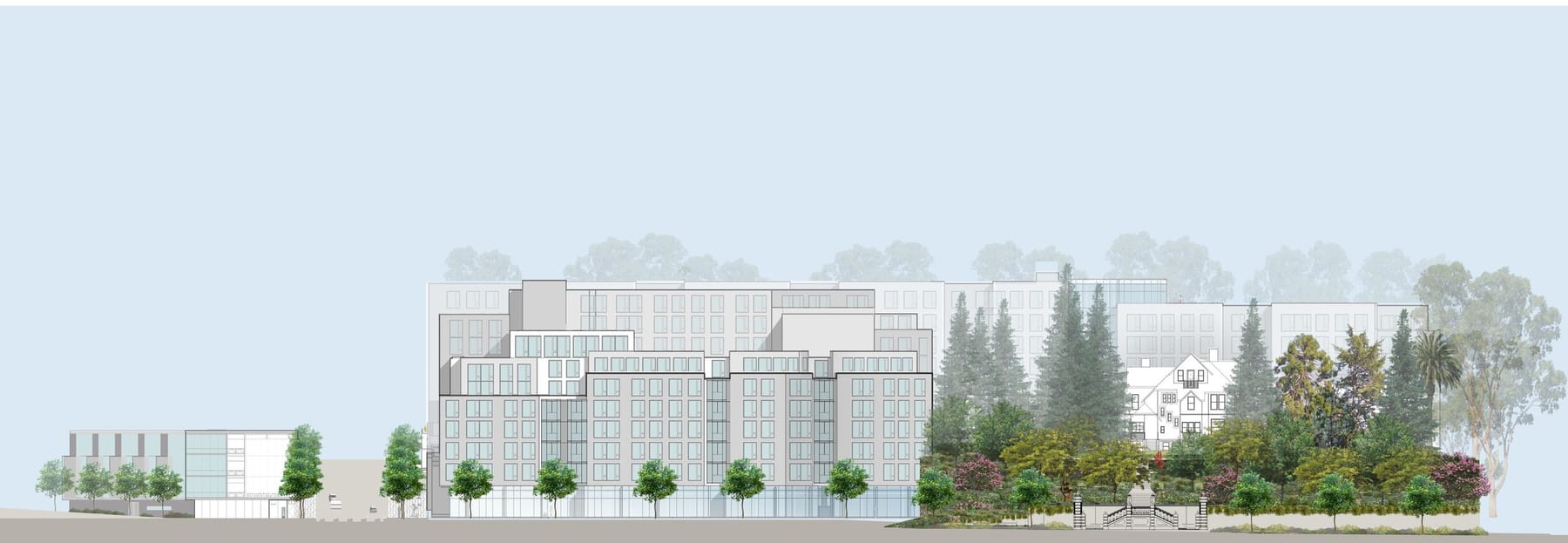 Here is an elevation image of the the revised proposal, with the 19-story tower removed.