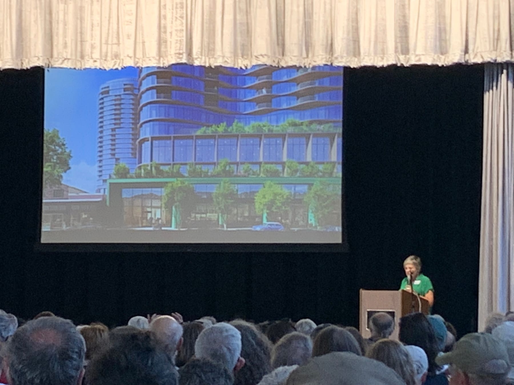 Myrna Walton speaks to a packed room, with the proposed College Avenue tower on screen behind her.